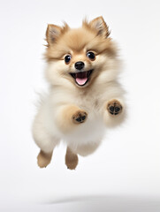 Obraz premium Pomeranian puppy with happy face jumping pose isolated on white background