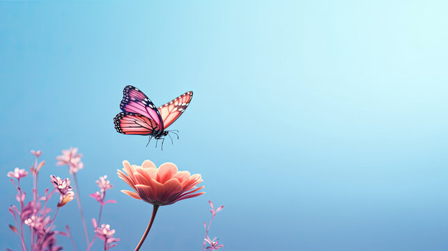a butterfly lands gently on a flower on a minimalist background in light pastel colors with empty space created with Generative AI Technology