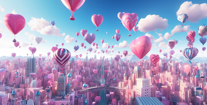 pink balloons in the city, super futuristic utopia city in chromatic colors pink