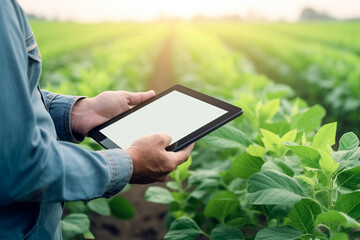 Man farmer using digital tablet computer with blank white desktop screen in cultivated soybean field. Smart farming and digital agriculture. Technology agriculture farming concept. 
