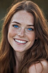 Portrait of a beautiful red-haired woman.Freckles, blue eyes.Close-up.Authentic appearance.Fashion glamour art.