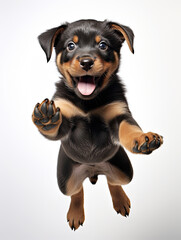 Obraz premium Rottweiler puppy with happy face jumping pose isolated on white background