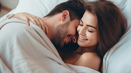 Face of happy male and female couple smiling and hugging while spending time together in bed in a warm and loving atmosphere created with Generative AI Technology - obrazy, fototapety, plakaty