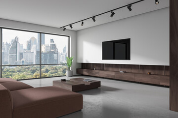 Modern home living room interior with sofa and tv screen, decoration and window - obrazy, fototapety, plakaty