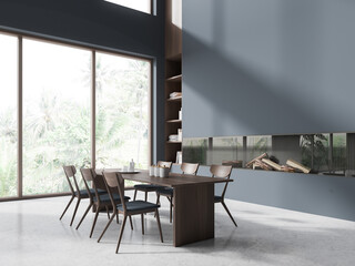 Blue living room interior with seats and table, panoramic window. Mockup wall