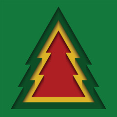 Paper cut into the shape of a green, yellow, red christmas tree. Layered gradient 3d background. Design elements for greeting cards, banners, posters, backdrops, wallpapers. Vector illustration