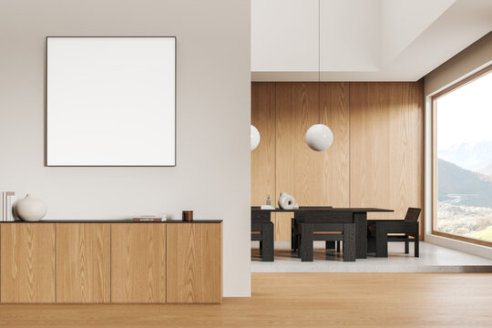 Modern living room interior with drawer and panoramic window, mockup frame