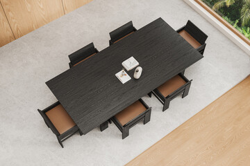 Wooden dining room interior, top view