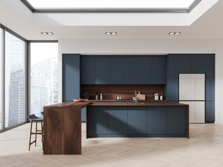 Modern home kitchen interior with bar island and cooking cabinet with window