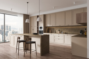 White and beige kitchen corner with island