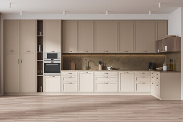 Beige home kitchen interior cooking cabinet with kitchenware, hadwood floor