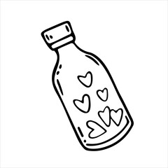 Vector doodle illustration, glass bottle with hearts. Valentine's Day, wedding
