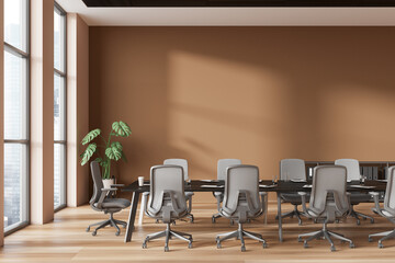 Brown office business room interior with meeting table and window, wall mock up