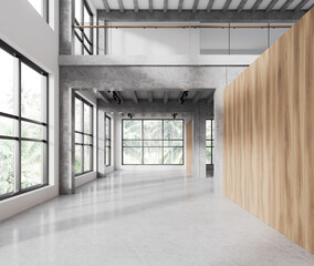 Stylish empty office interior with columns and partition, panoramic window