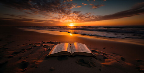 Fototapeta na wymiar sunset on the beach, book on the beach