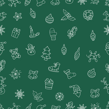 Christmas, seamless pattern, simple pictures, Santa Claus, New Year tree, garland, gifts, toys, snowman, snowmen, deer, star, candle, green background, illustration, vector.
