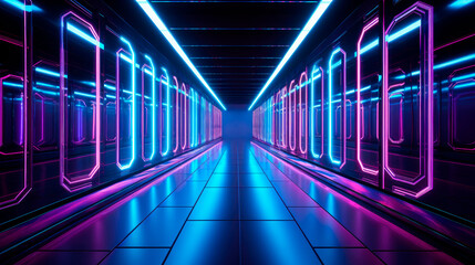 Background of futuristic architecture sci-fi hallway and corridor tunnel with neon lights. - obrazy, fototapety, plakaty