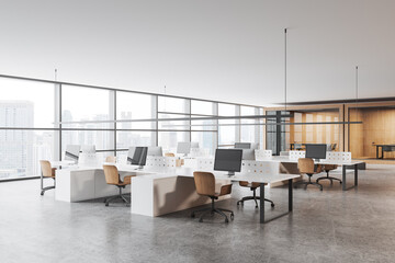 Cozy office interior with coworking and conference rooms, panoramic window