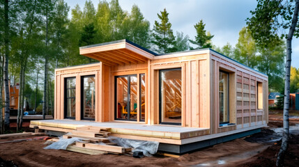 Wooden house under construction, modern style.Energy efficient building. - obrazy, fototapety, plakaty