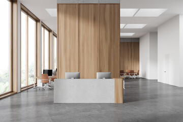 White and wooden office interior with reception