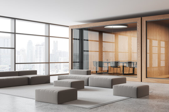 Office room interior with chill and meeting box near panoramic window