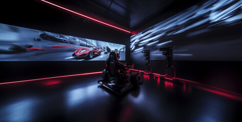 fast moving train, a sim racing room with ambient lighting