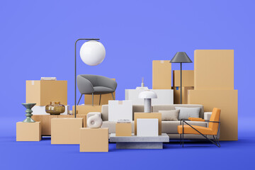 Home furniture and stack of boxes, relocation and moving. Delivery company