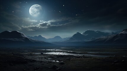 Moonlit Mountainous Landscape with Night Sky