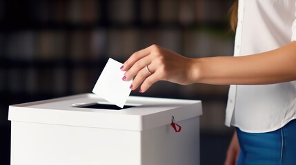 Close-up of a female hand dropping a voting ballot into a ballot box. Concept of public vote, election of a popular candidate or mayor. - obrazy, fototapety, plakaty