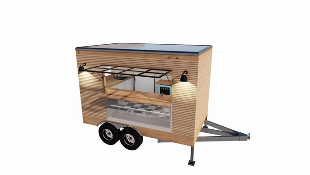 wooden trailer food truck isolated on a transparent white background , mobile coffee shop with white mock up sign 3d rendering 