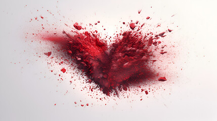 Color explosion of a red heart into individual little particles on a white background