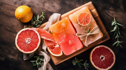Grapefruit, orange and tangerine soap on a wooden board top view. Spa luxury background - obrazy, fototapety, plakaty