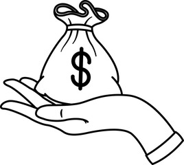 Bag with Dollars on the Palm for Coloring. Money Insurance Symbol. Bank Loan Concept, Sponsorship Donation. Business and Finance. Vector illustration