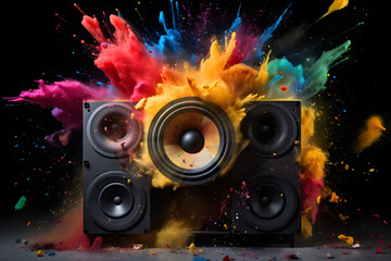 Powerful sound system with audio at maximum volume represented by an explosion of colors coming from the loudspeakers placed against a black background. - obrazy, fototapety, plakaty