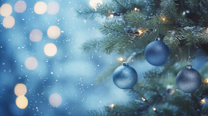Obraz na płótnie Canvas Christmas tree decorations Blue Christmas Tree Ornaments with Bokeh Lights Festive Fir Branches Traditional Holiday Decor 