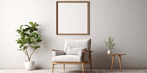 Scandinavian living room with poster frame, design commode, plants, armchair, book, and stylish accessories. Template.