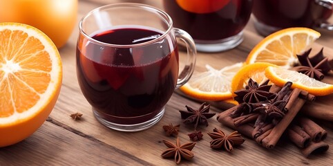 Winter mulled wine with orange and cinnamon. AI generated illustration
