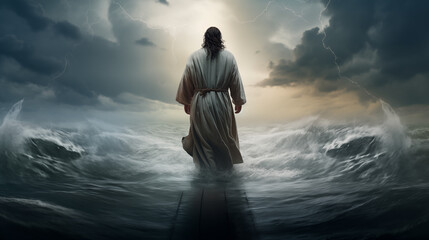 Jesus Walking on Water Amidst the Storm - Spiritual Christian Art for Faithful Reflection Christmas Xmas