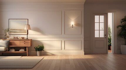 a well lit room in a clean house with light furniture and an open door on the back wall - Powered by Adobe