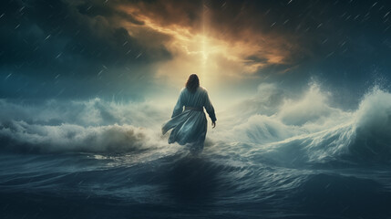 Jesus Walking on Water Amidst the Storm - Spiritual Christian Art for Faithful Reflection Christmas Xmas - obrazy, fototapety, plakaty