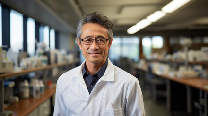 Obraz premium Male scientist in a laboratory environment against a neutral-colored backdrop