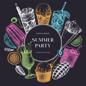 Summer party banner. Non-alcoholic beverage, mocktail, ice cream, fruit, cocktail sketches. Hand drawn vector illustration. Summer food and drink bar menu. Tropical design on chalkboard