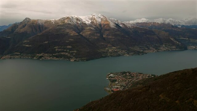 lake of como and dervio city aerial view, in winter season, from camaggiore, small village on the top the mountain