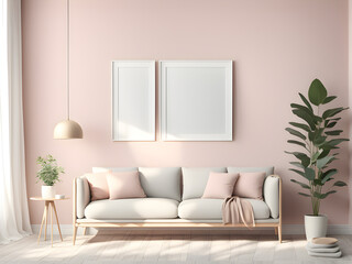 Beige velvet sofa with terra cotta cushions between houseplants. Mockup frame in interior background, room in light pastel colors, 3d render