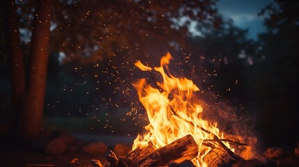 Burning bonfire of trees and branches with tongues of flame rising upwards on a picnic, blurred...