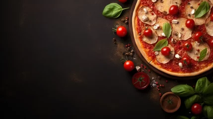Foto op Canvas copy space, stockphoto, tasty pizza, top view. Beautiful background for national pizza day, italian restaurant menu or pizzeria. Traditional Italian food. National pizza day. © Dirk