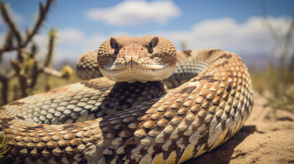Naklejka premium desert venomous rattlesnake looks ahead while coiled in the desert grass 