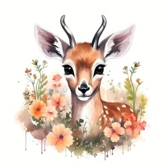 cute springbok With Flower watercolor Illustration 