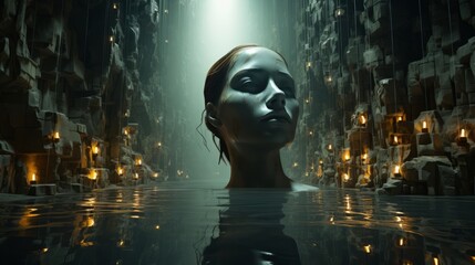 A solitary woman finds solace in the tranquil waters, illuminated by a glimmer of light amidst the darkness
