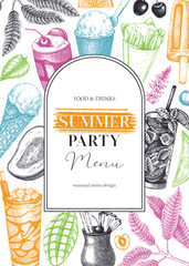 Summer party flyer design. Non-alcoholic beverage, mocktail, ice cream, fruit, cocktail sketches. Hand drawn vector illustration. Summer food and drinks. Tropical background, bar menu, poster design